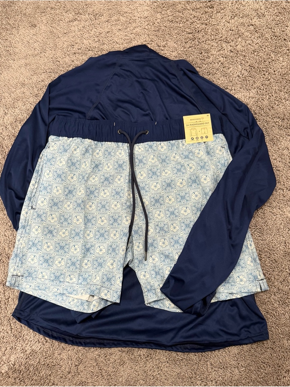 Big boys Navy Rash Guard Set with Light Blue Patterned Swim Shorts